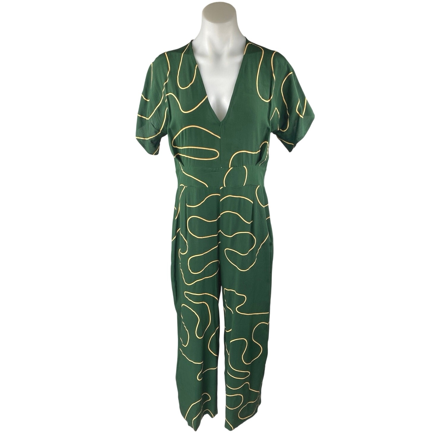 Ali Golden Women's Green Gold Silk Abstract Short Sleeve V Neck Crop Jumpsuit S — image 2 of 6